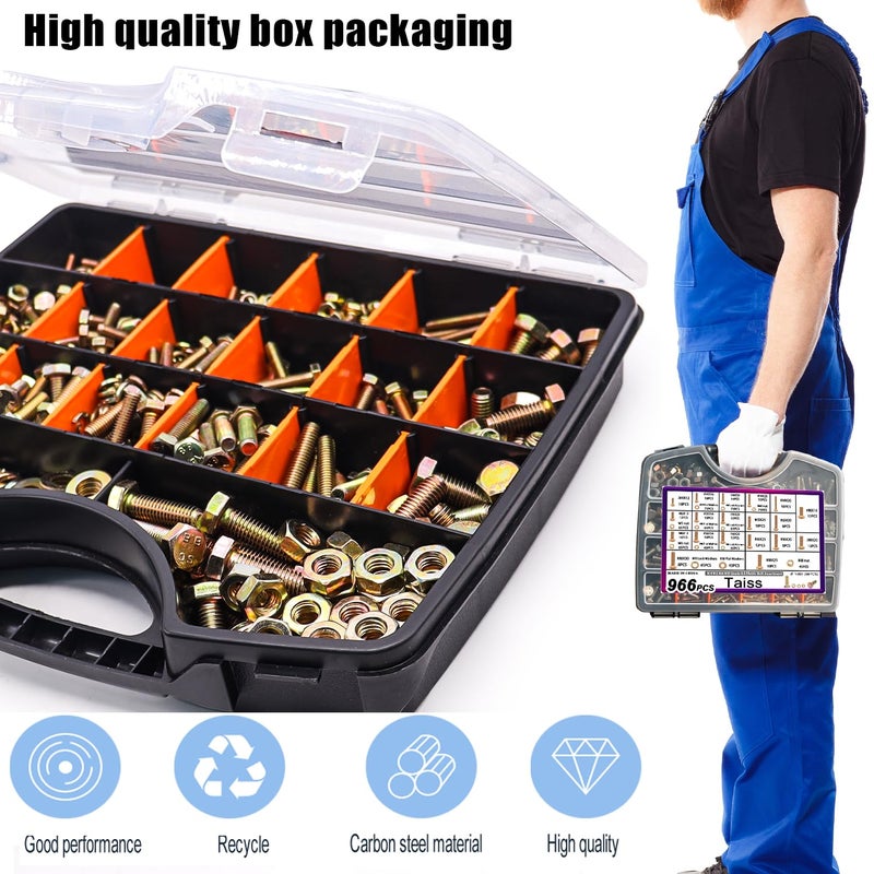 Taiss 966pcs Grade 8.8 Metric Bolt Assortment,Metric Bolts and Nuts Assortment,Bolt Kit M4 M5 M6 M8(12-30mm) Heavy Duty Hex Bolts and Nuts Kit Flat/Lock Washer Yellow Zinc Plated,with Handheld Box - Image 4